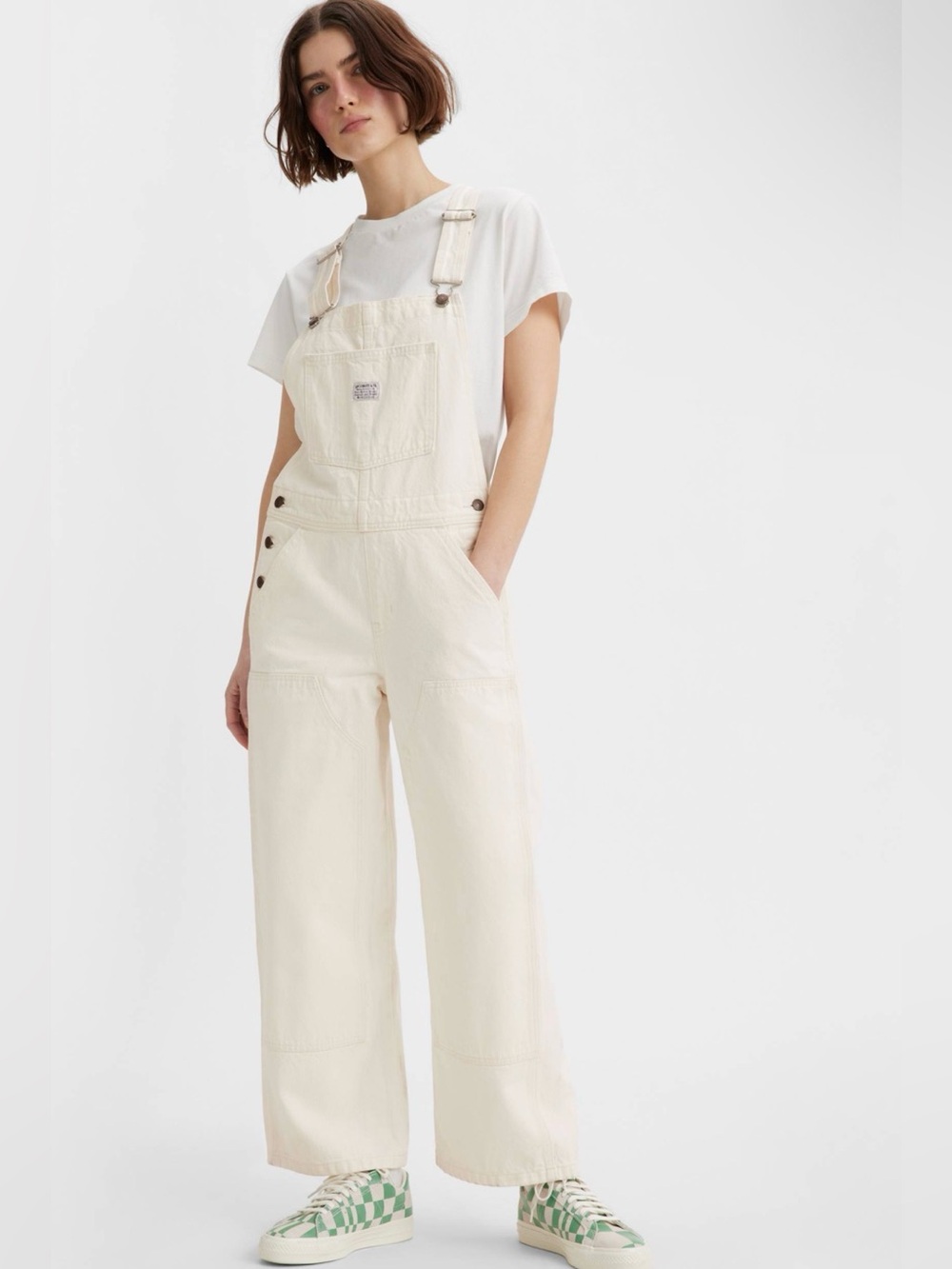 Levi’s Premium Cream Wide Leg Utility Overalls XS Double Knee Dungarees